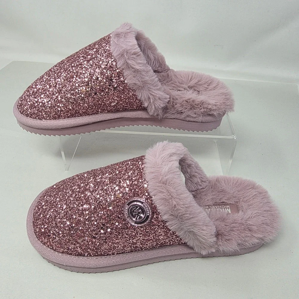 Michael Kors Janis Slipper Women 6 Royal Pink New Glitter Faux Fur 40F2JAFA2D